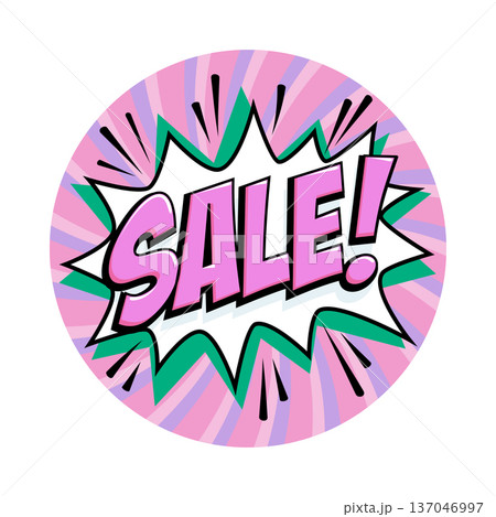 Round sale sticker with glossy pink lettering on white burst shape, with green spikes and soft purple spiral background. Vibrant badge in retro comic style for boutique promos, fashion discounts Round sale sticker with glossy pink lettering on white burst shape, with green spikes and soft purple spiral background. Vibrant badge in retro comic style for boutique promos, fashion discounts 137046997