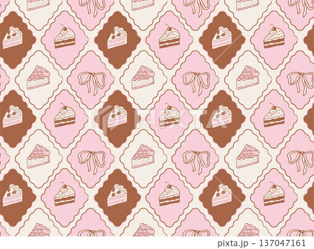 Vintage patisserie seamless pattern with cake slice and coquette bow icons. Vintage patisserie seamless pattern with cake slice and coquette bow icons. 137047161