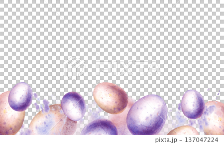 A horizontal frame of painted eggs on a background of splashes of paint. Watercolor illustration with pink and purple Easter eggs on an isolated background. A festive banner with a place to insert for A horizontal frame of painted eggs on a background of splashes of paint. Watercolor illustration with pink and purple Easter eggs on an isolated background. A festive banner with a place to insert for 137047224