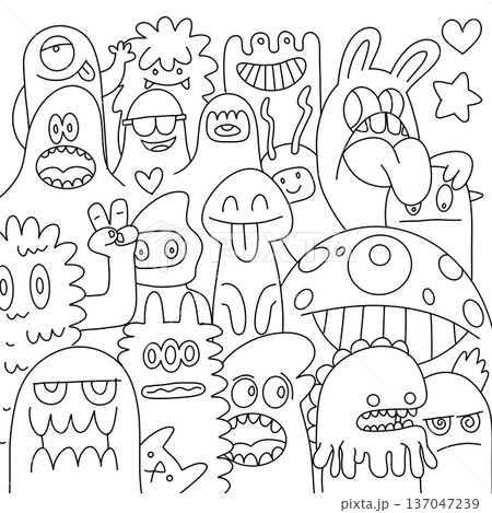 Cute monster cartoon doodle happy funny line art black and white group playful Cute monster cartoon doodle happy funny line art black and white group playful 137047239