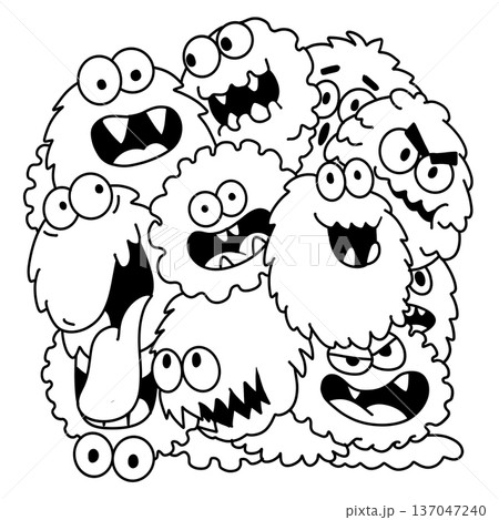 Cute monster cartoon fluffy funny happy group doodle expressive black and white 137047240