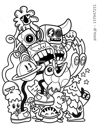 Cartoon doodle monster character funny creative abstract happy playful black and white Cartoon doodle monster character funny creative abstract happy playful black and white 137047251