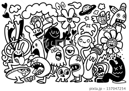 Cartoon monster doodle flower cloud happy playful fantasy black and white illustration Cartoon monster doodle flower cloud happy playful fantasy black and white illustration 137047254