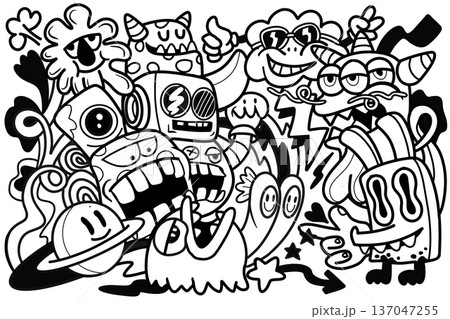 Cartoon monster doodle robot alien happy funny black and white abstract playful illustration 137047255
