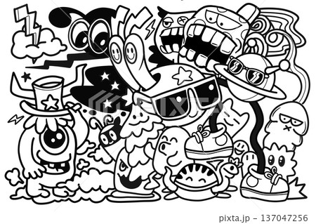 Cartoon doodle monster sunglasses hat sneaker cloud star playful fun energetic black and white 137047256