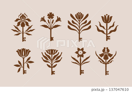 Keys and flowers botanical collection brown Keys and flowers botanical collection brown 137047610