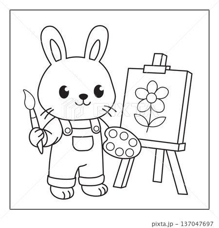 Cute Bunny Painting a Flower  Adorable Outline Coloring Page for Kids 137047697