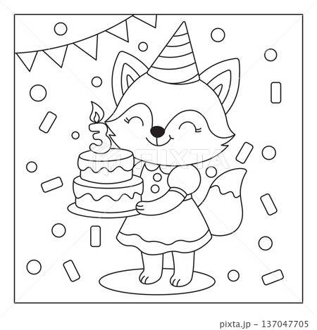 Cute Fox at a Birthday Party Fun Outline Coloring Page for Kids Cute Fox at a Birthday Party Fun Outline Coloring Page for Kids 137047705