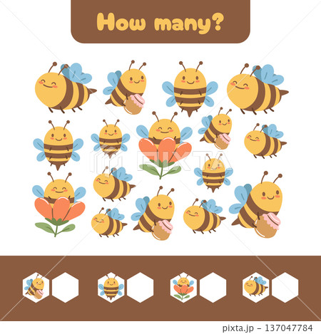 Count the bees and flowers in this cheerful worksheet. Great for math basics, attention skills and joyful learning moments. 137047784
