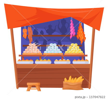 Arabic bazaar stall. Sweets and candy store tent 137047822