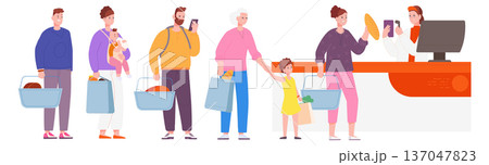 Supermarket queue. Grocery store cashier line people Supermarket queue. Grocery store cashier line people 137047823