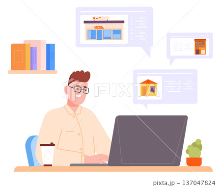 Online real estate search. Man looking buy or rent property Online real estate search. Man looking buy or rent property 137047824