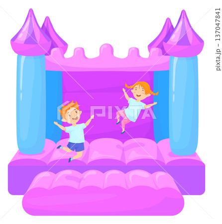Jumping kids in rubber inflatable fairytale playground castle Jumping kids in rubber inflatable fairytale playground castle 137047841