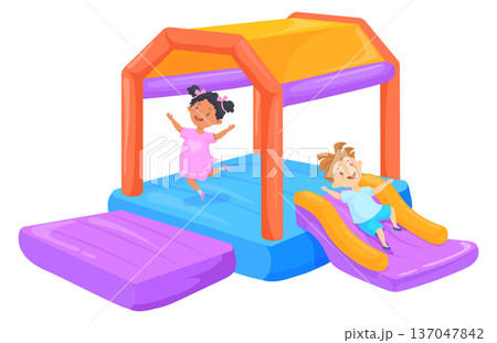 Inflatable playground with happy kids. Cartoon playground equipment Inflatable playground with happy kids. Cartoon playground equipment 137047842