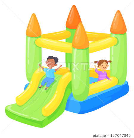 Kids play in bouncy castle. Outdoor park attraction Kids play in bouncy castle. Outdoor park attraction 137047846