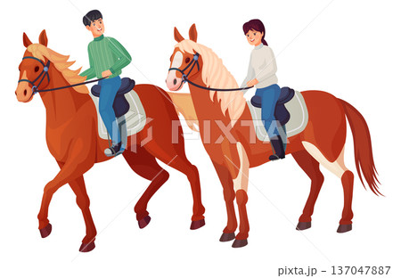 Kids ride horses. Happy ranch children cartoon characters 137047887