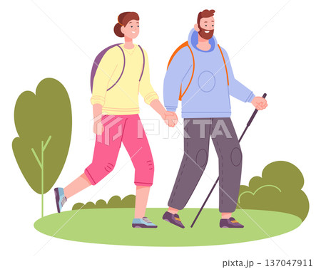Couple hiking together. Summer nature outdoor activity 137047911