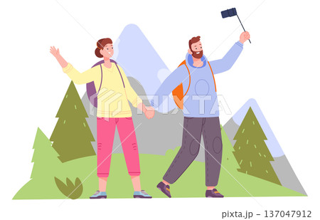 Outdoor travel selfie. Couple hiking make photo together 137047912