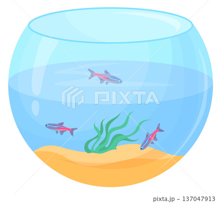 Glass bowl with swimming fish. Round aquarium icon 137047913