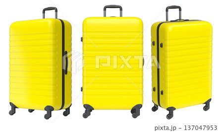 Set of luggage with beach accessories for summer holidays on white background. 137047953