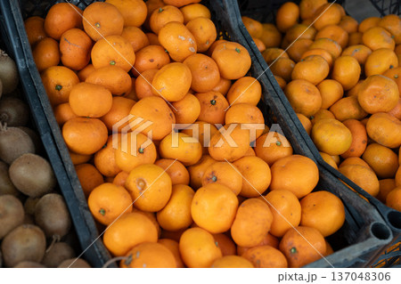 Fresh mandarins in plastic crates, vibrant orange citrus fruits forming dense pattern with natural texture and harvest imperfections. Food marketing, healthy lifestyle promotion, grocery retail 137048306