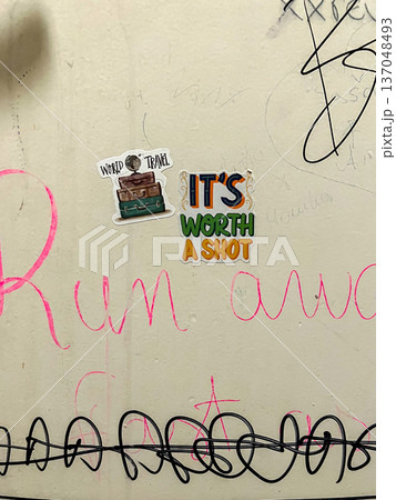 World travel sticker on a wall 137048493