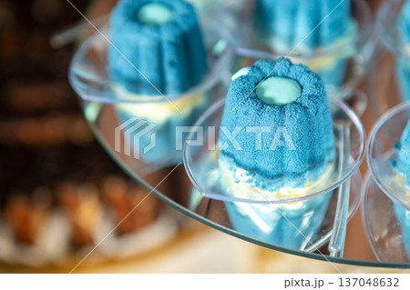 Colorful Blue Dessert Served in Glass Dishes at a Festive Event in the Afternoon 137048632