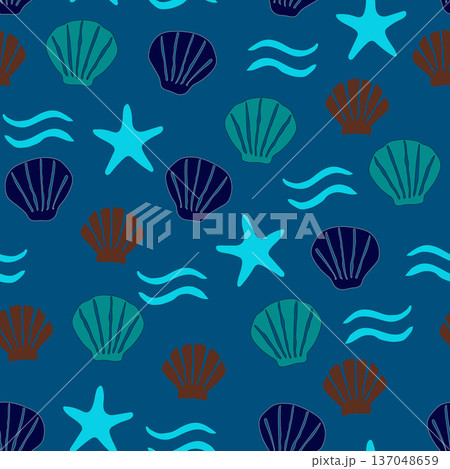Vibrant coastal pattern featuring seashells and starfish. Perfect for swimwear, beach towels, summer apparel, and marine-themed nursery decor. Vibrant coastal pattern featuring seashells and starfish. Perfect for swimwear, beach towels, summer apparel, and marine-themed nursery decor. 137048659