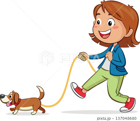 Happy girl running and holding leash while walking with dog 137048680