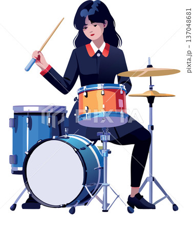 Young female musician playing drums with passion and energy 137048681