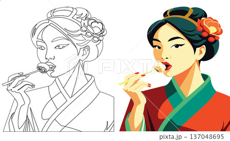 close-up of Japanese female figure while eating- 137048695