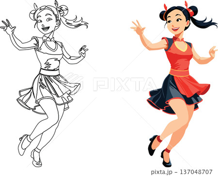 drawings of Asian female figures dancing- 137048707