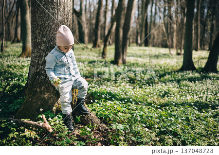 Little girl in jeans jacket standing near the tree in the forest covered with anemones Little girl in jeans jacket standing near the tree in the forest covered with anemones 137048728