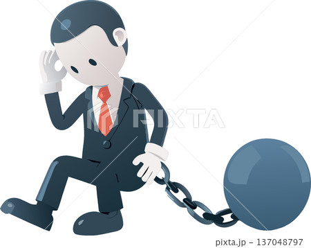 Businessman sitting with ball and chain attached to his leg 137048797