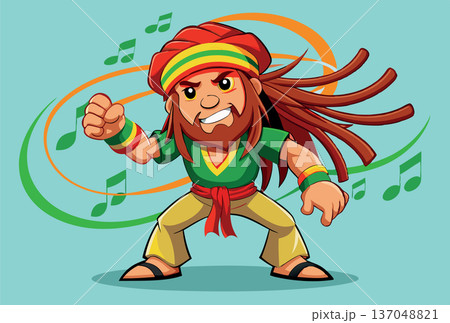 Cartoon rasta man dancing with musical notes around him 137048821