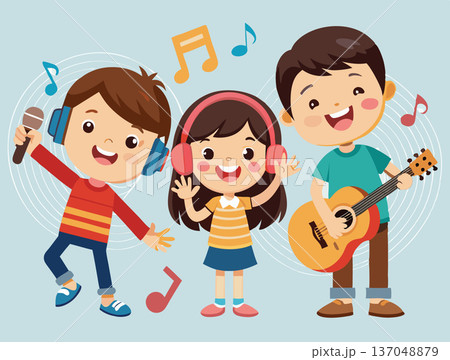 Kids having fun singing and playing music together 137048879