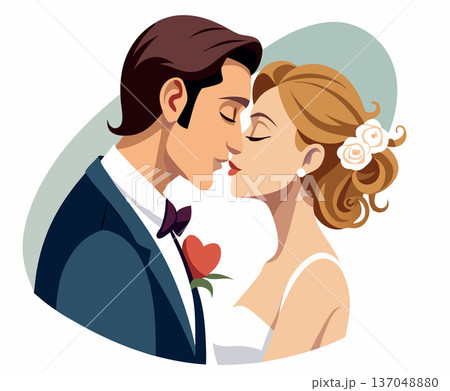 Bride and groom sharing their first kiss as husband and wife 137048880