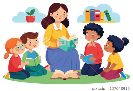 Smiling teacher reading a book to her elementary school students 137048919