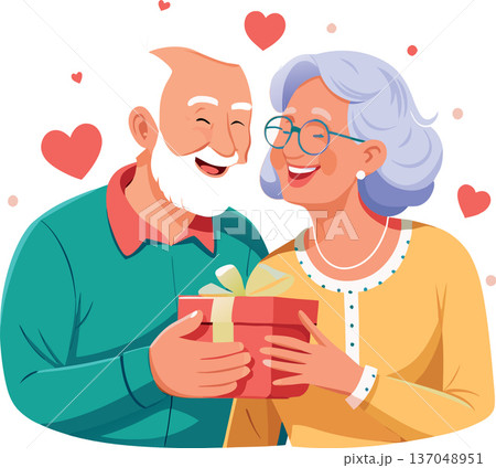 Happy senior couple exchanging gifts and celebrating valentine's day Happy senior couple exchanging gifts and celebrating valentine's day 137048951