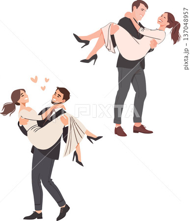 Happy grooms carrying their brides in arms after wedding ceremony 137048957