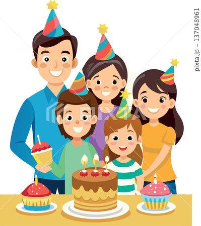 Happy family celebrating a birthday with cake and cupcakes 137048961