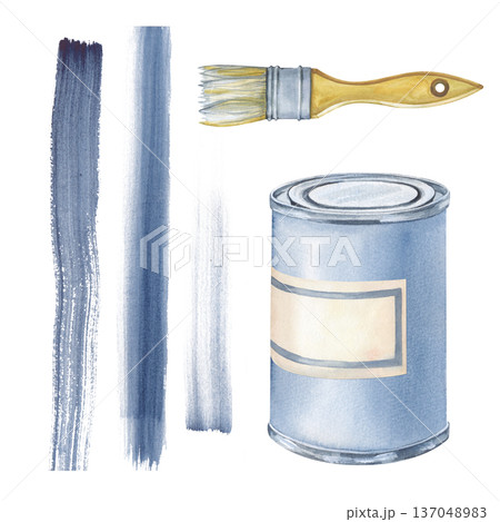 Watercolor set of a painter's working tool. Realistic illustration of a tin can of paint, a brush and uneven stripes of blue paint. A clipart on an isolated background for the design of repair 137048983