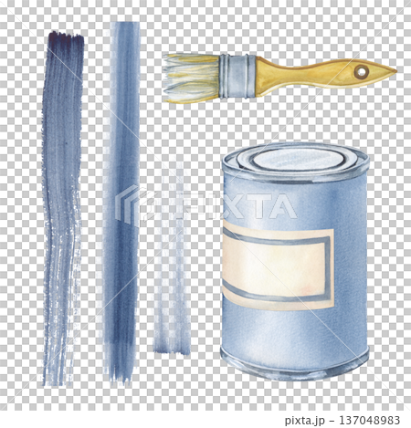 Watercolor set of a painter's working tool. Realistic illustration of a tin can of paint, a brush and uneven stripes of blue paint. A clipart on an isolated background for the design of repair 137048983