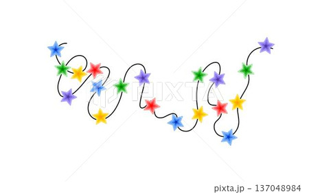 Christmas colorful multicolored lights curly string garland, doodle hand drawn vector illustration, flat cartoon seasonal image for winter New Year holiday, birthday events design 137048984