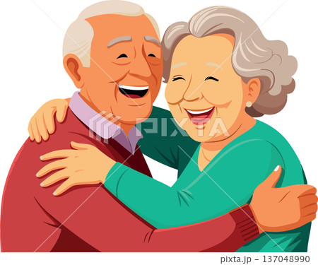 Happy senior couple embracing and laughing together- Happy senior couple embracing and laughing together- 137048990