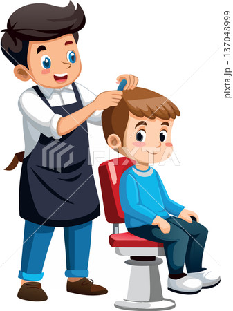 Cheerful male hairdresser combing boy's hair in salon 137048999