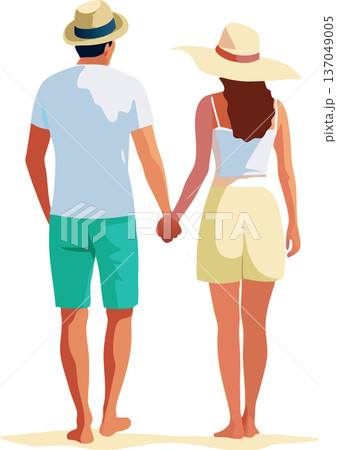 Young couple wearing summer clothes holding hands walking away- 137049005