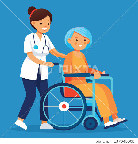 Young nurse pushing smiling senior woman in wheelchair Young nurse pushing smiling senior woman in wheelchair 137049009
