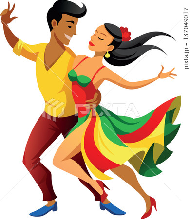 Young couple of dancers performing choreography on white background- 137049017