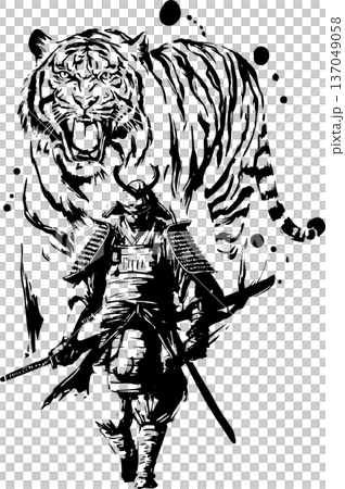 老虎與武士墨水畫插圖 137049058